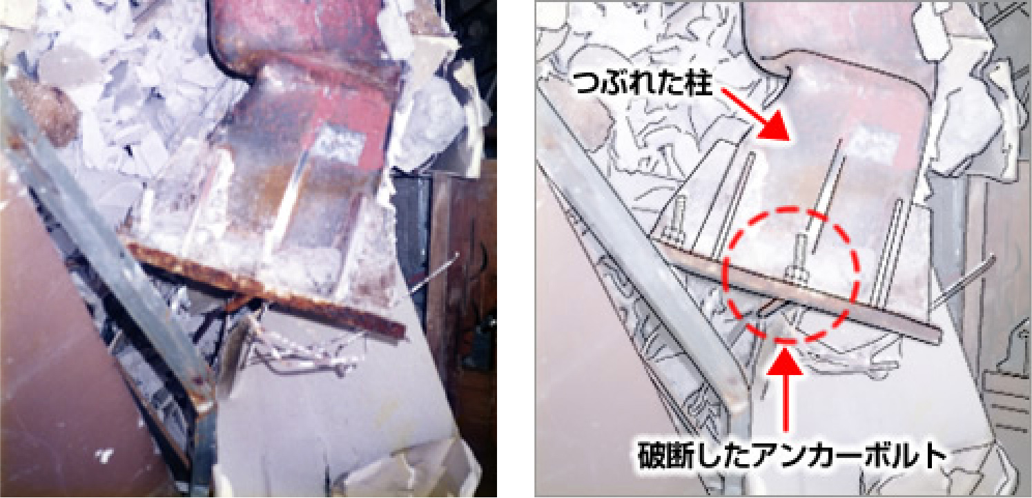 アンカー破断で倒壊した建物の柱（阪神淡路大震災）